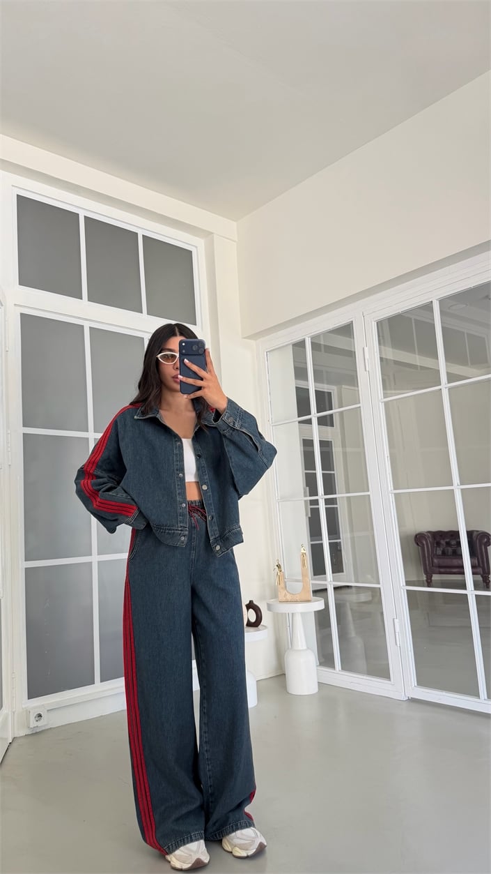 Kırmızı Şerit Detaylı Ceket Beli Lastikli Pantolon İkili Denim Takım GAUS-02094