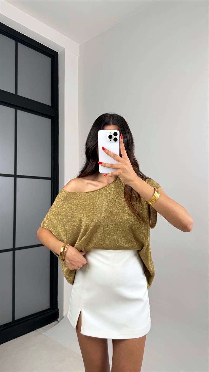 Sarı Gold Simli Triko Tek Omuz Bluz GAUS-0043