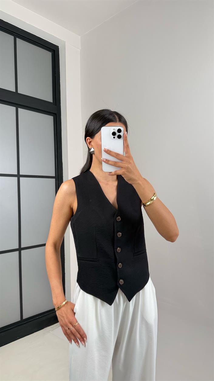 Siyah Astarlı Kırışık Kumaş Yelek Gaus00539