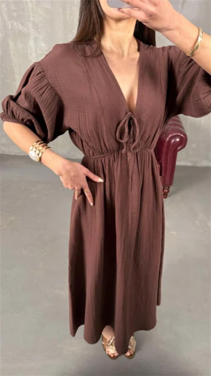 Kahve Cesika V Yaka Beli Lastikli Müslin Elbise gaus-01260