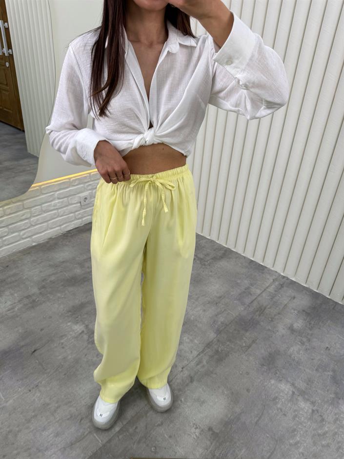 Sarı Beli Lastikli Cepli Tensel Pantolon Gaus00314