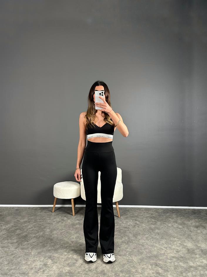 Oysh Siyah İspanyol Paça Tayt Pantolon 