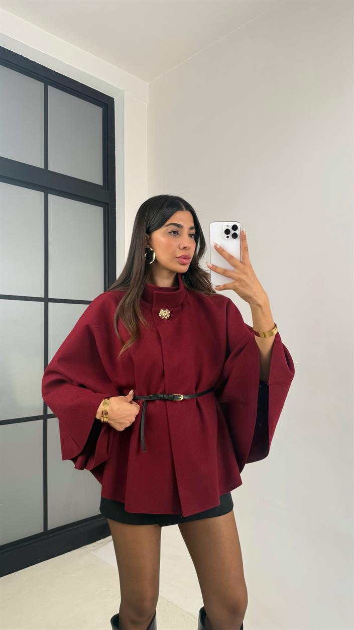Bordo Gina ZR Model Kemerli Kaşe Panço GAUS-0091