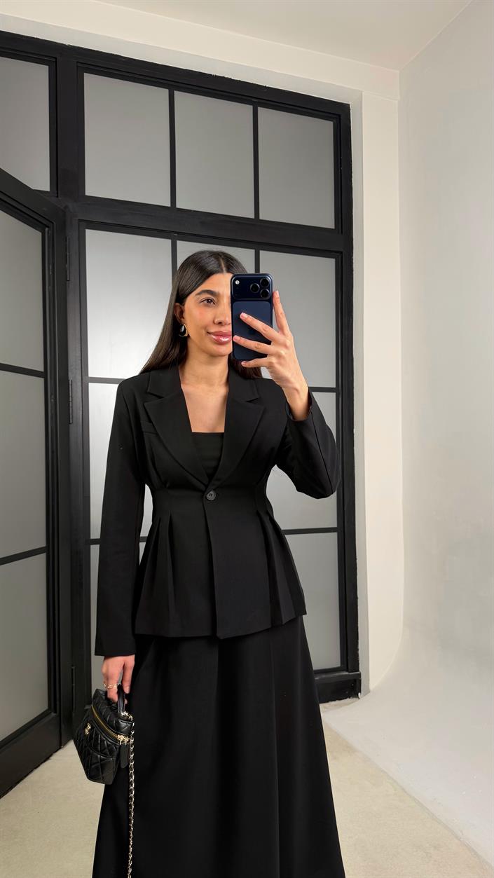 Siyah Belden Oturtmalı Astarlı Vatkalı Ceket Cepli Etek Premium Takım GAUS-01290