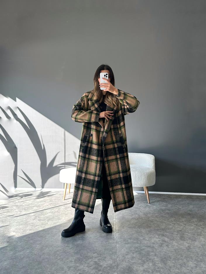 Premium Yeşil Ekose Astarlı Uzun Kaban