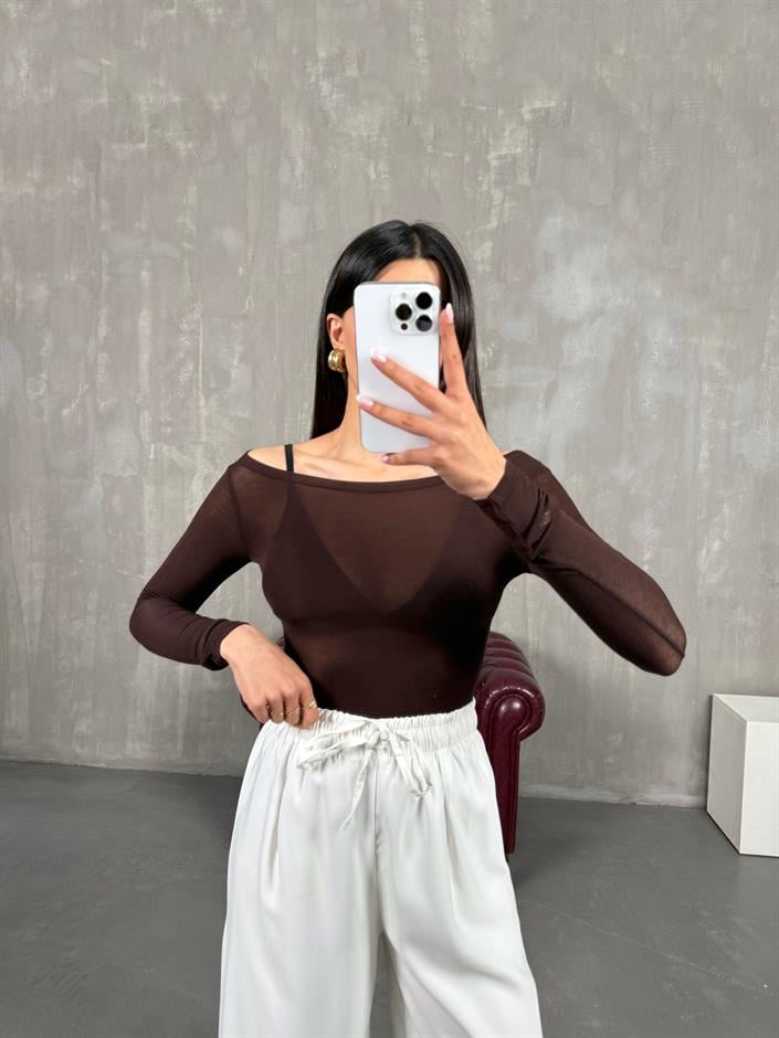 Kahverengi Transparan Kaşmir Dokulu Bluz Gaus00272