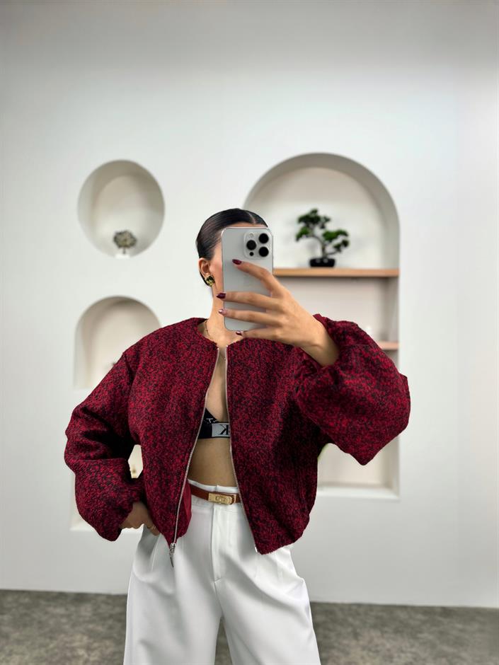 Betty Bordo ZR Model Balon Kollu Astarlı Kaşe Bomber Ceket