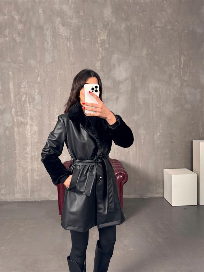 Disce Siyah Peluş Detaylı Astarlı Kuşaklı Deri Trençkot