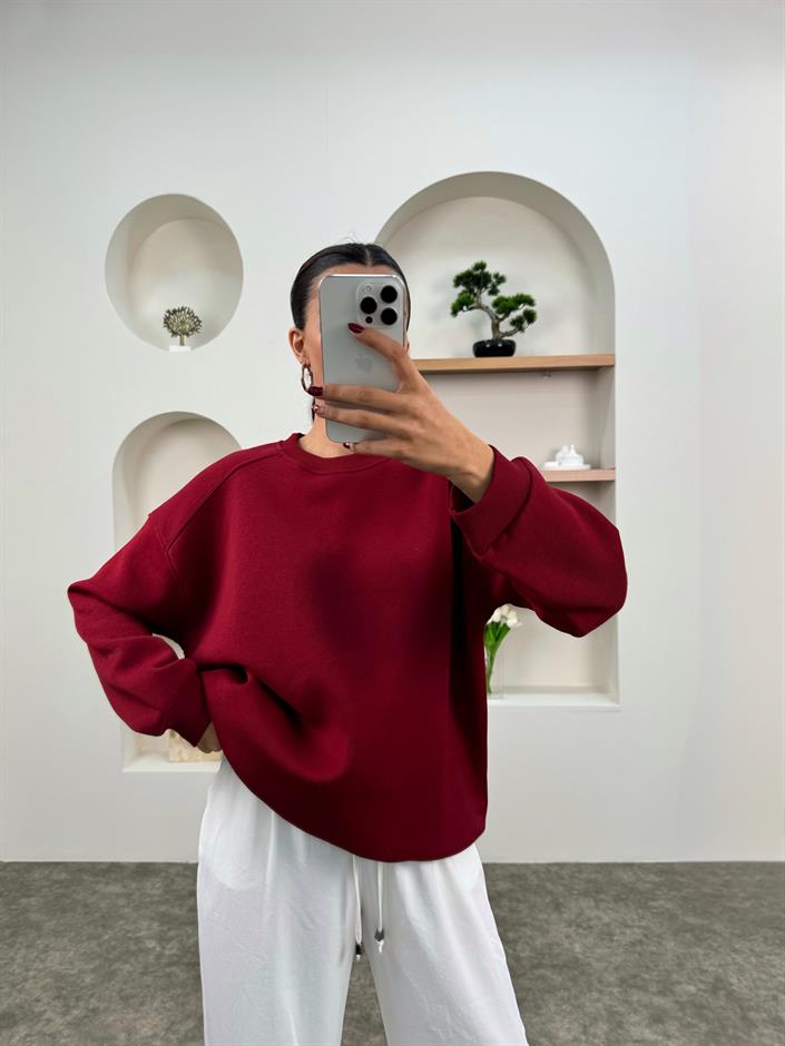 Meksa Bordo Bisiklet Yaka Şardonlu Sweatshirt