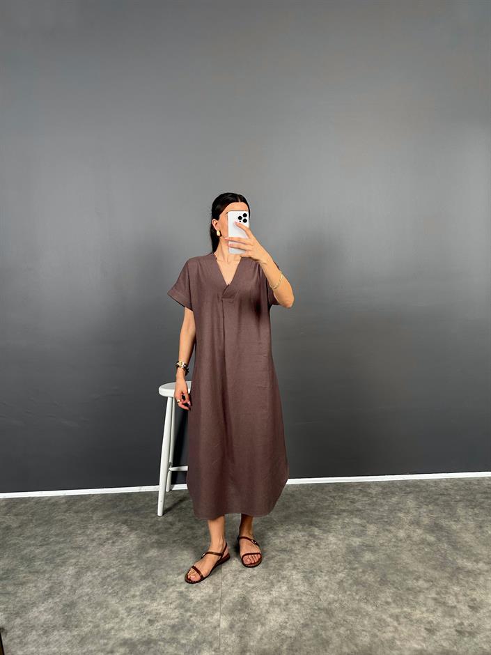 Anita Kahve V Yaka Premium Midi Keten Elbise