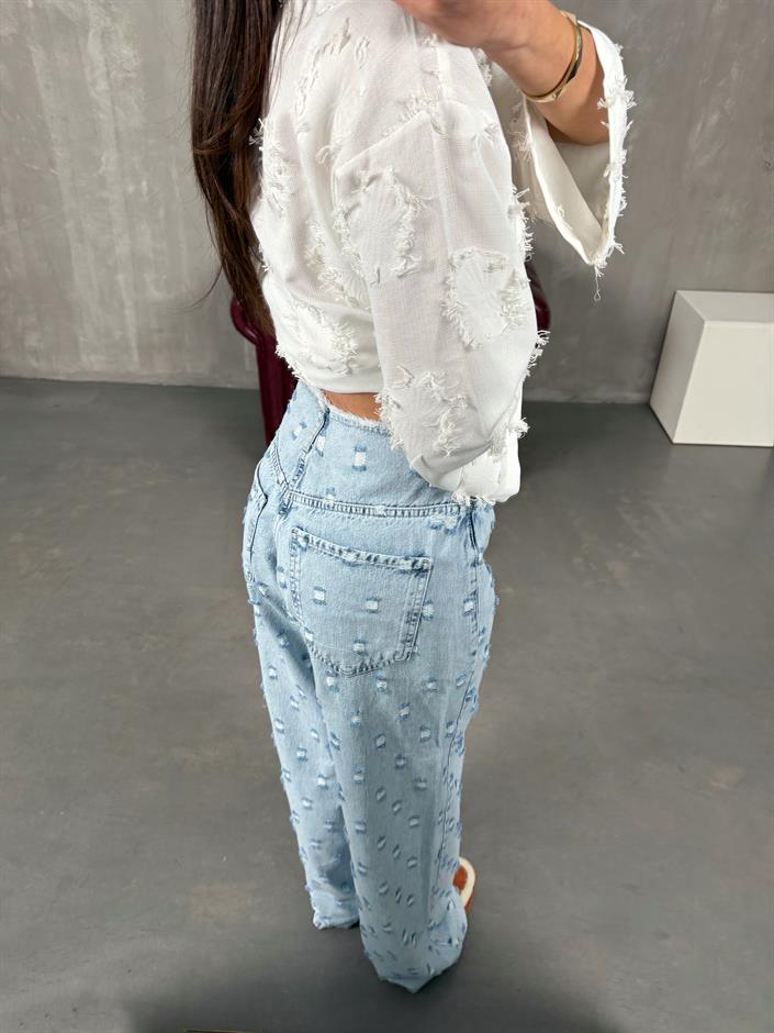 Tonsi Buz Mavi Yırtık Detaylı Tasarım Wide Leg Jean