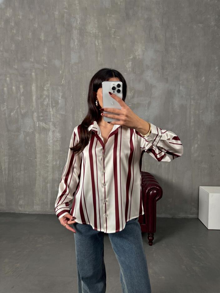 Meysa Bordo Çizgili Saten Gömlek
