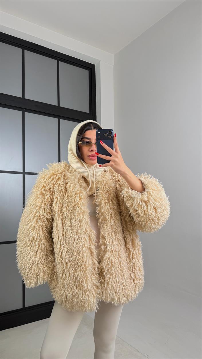 Bej Saçaklı Astarlı Premium Kürk GAUS-00931