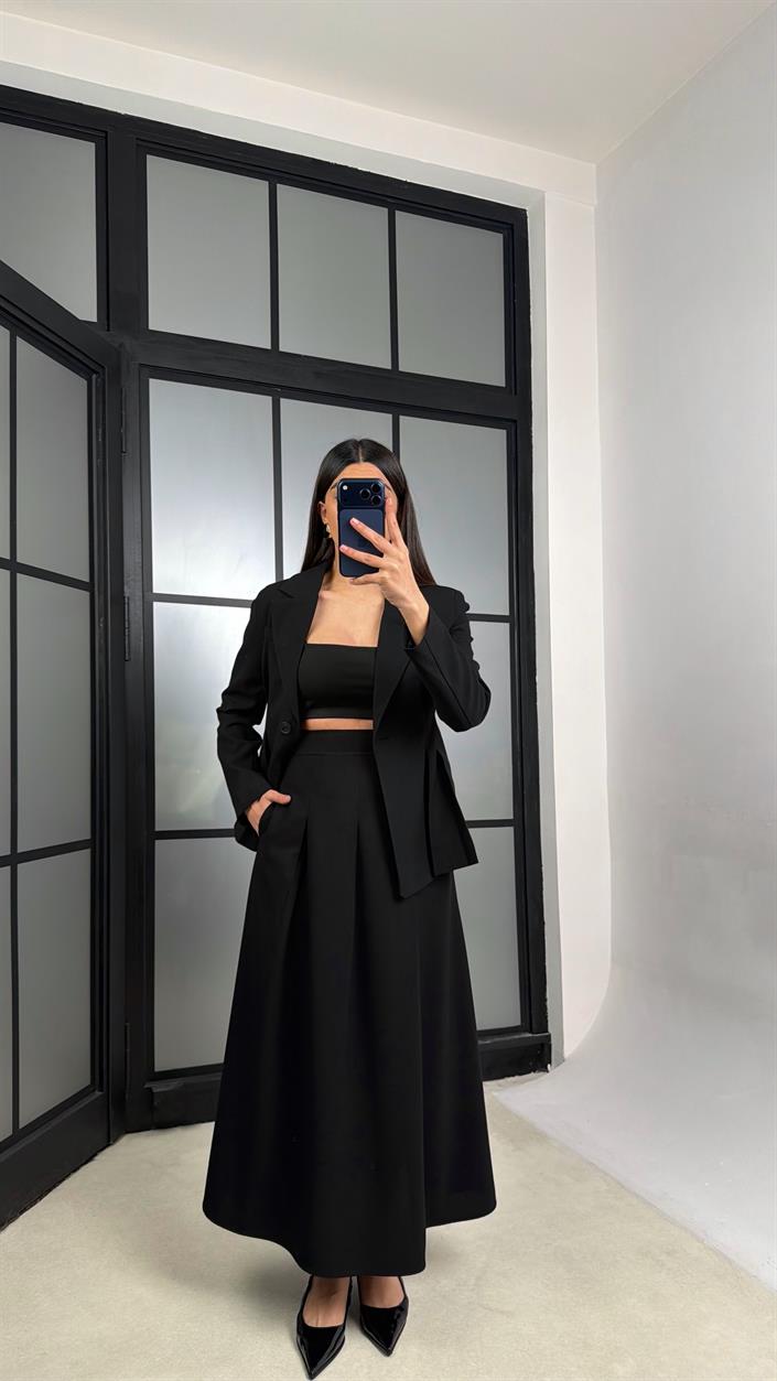 Siyah Belden Oturtmalı Astarlı Vatkalı Ceket Cepli Etek Premium Takım GAUS-01290