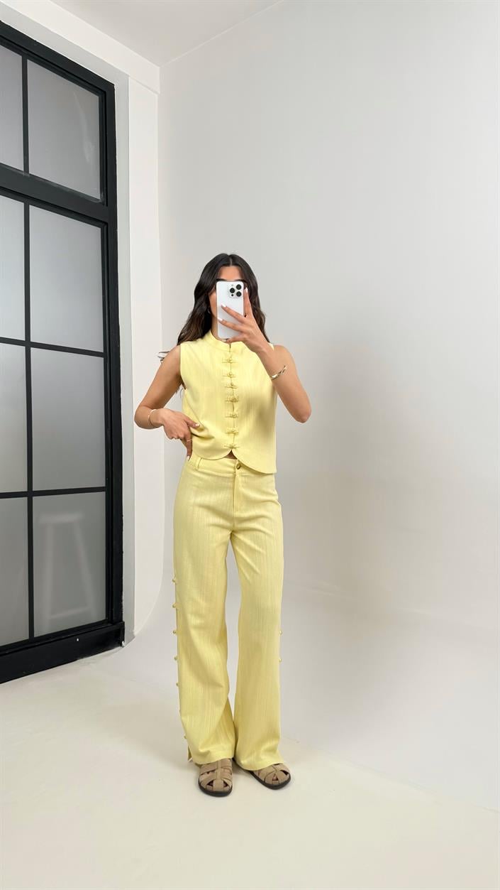 Sarı Düğmeli Tasarım Yelek Pantolon Keten Takım Gaus00339