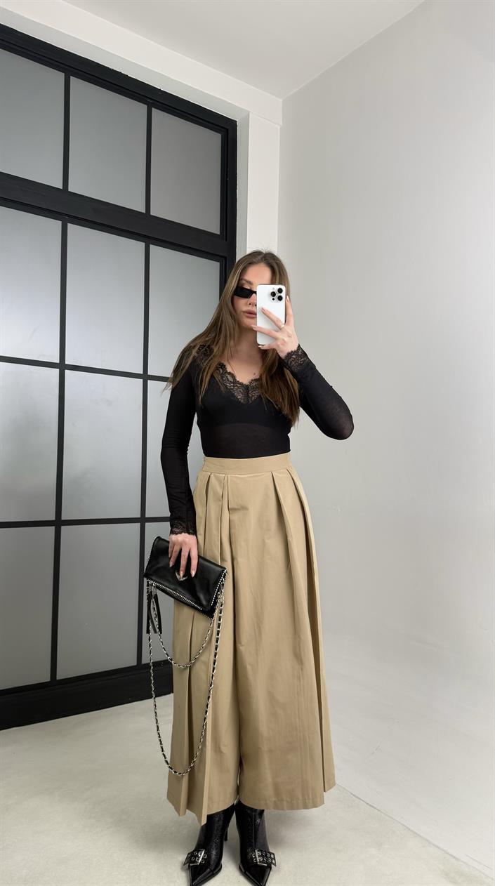 Camel Beli Lastikli Tasarım Pantolon GAUS-00994