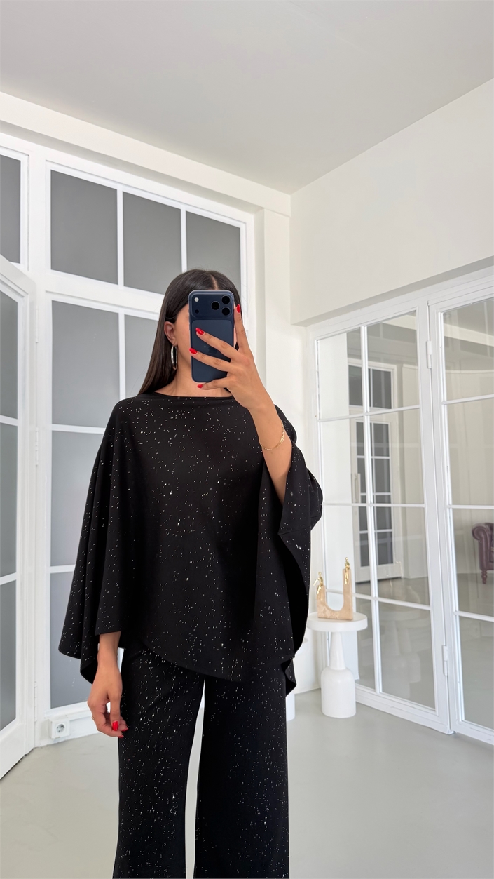 Siyah Sim Detaylı Pelerin Beli Lastikli Pantolon İkili Modal Takım GAUS-01869