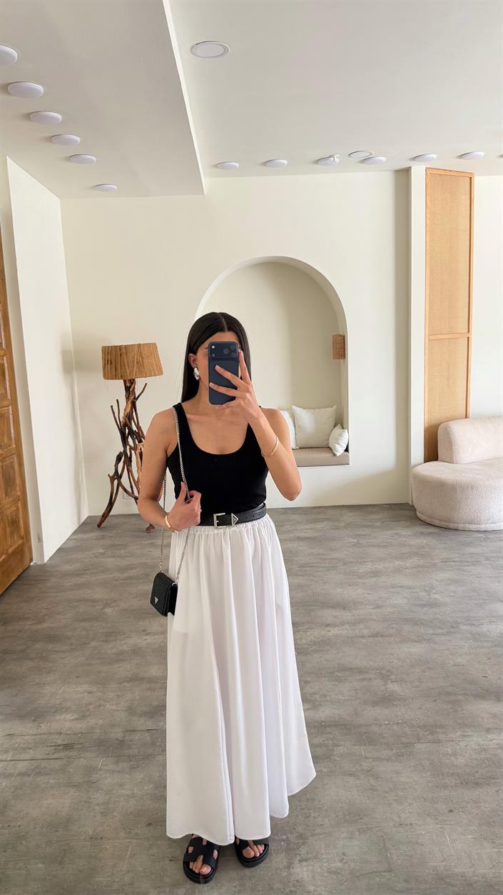 Beyaz Beli Lastikli Tencel Etek GAUS-01321