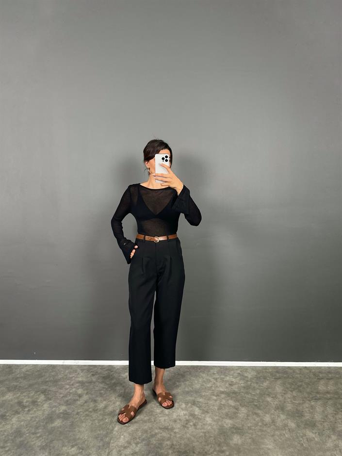 Vion Siyah Krep Kumaş Kemerli Havuç ZR Model Pantolon