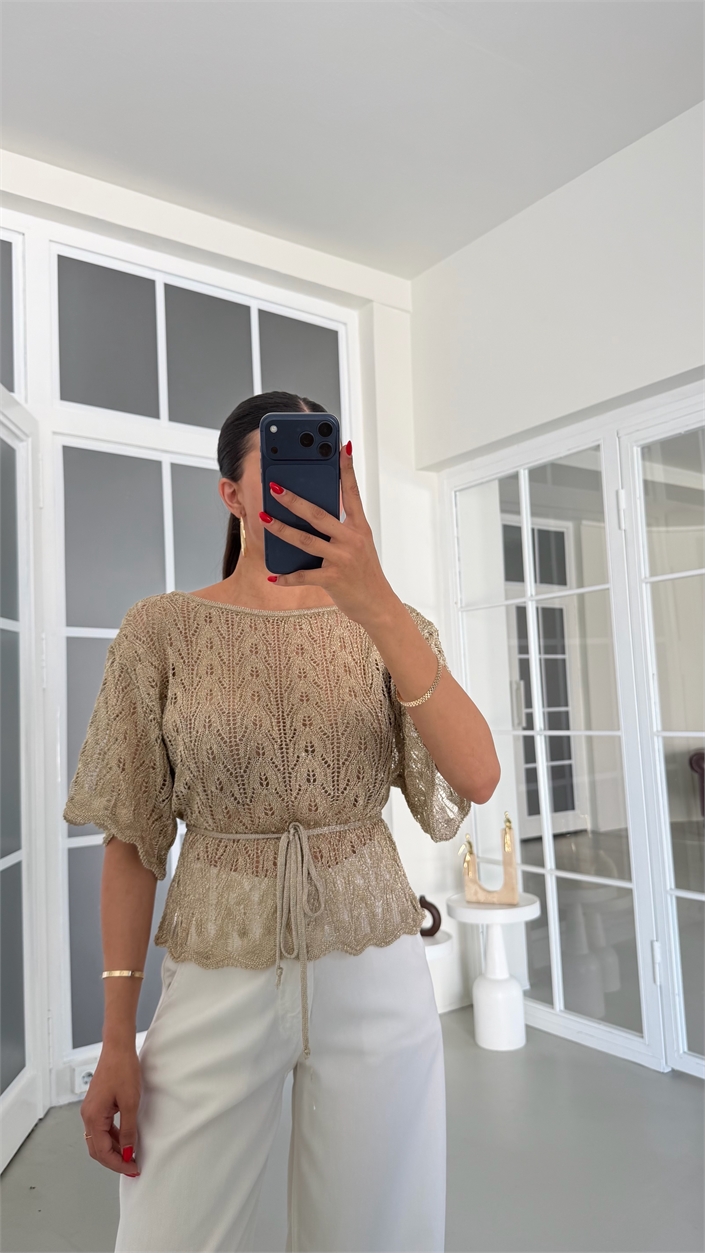 Altın Simli Kuşaklı Triko Bluz GAUS-01873