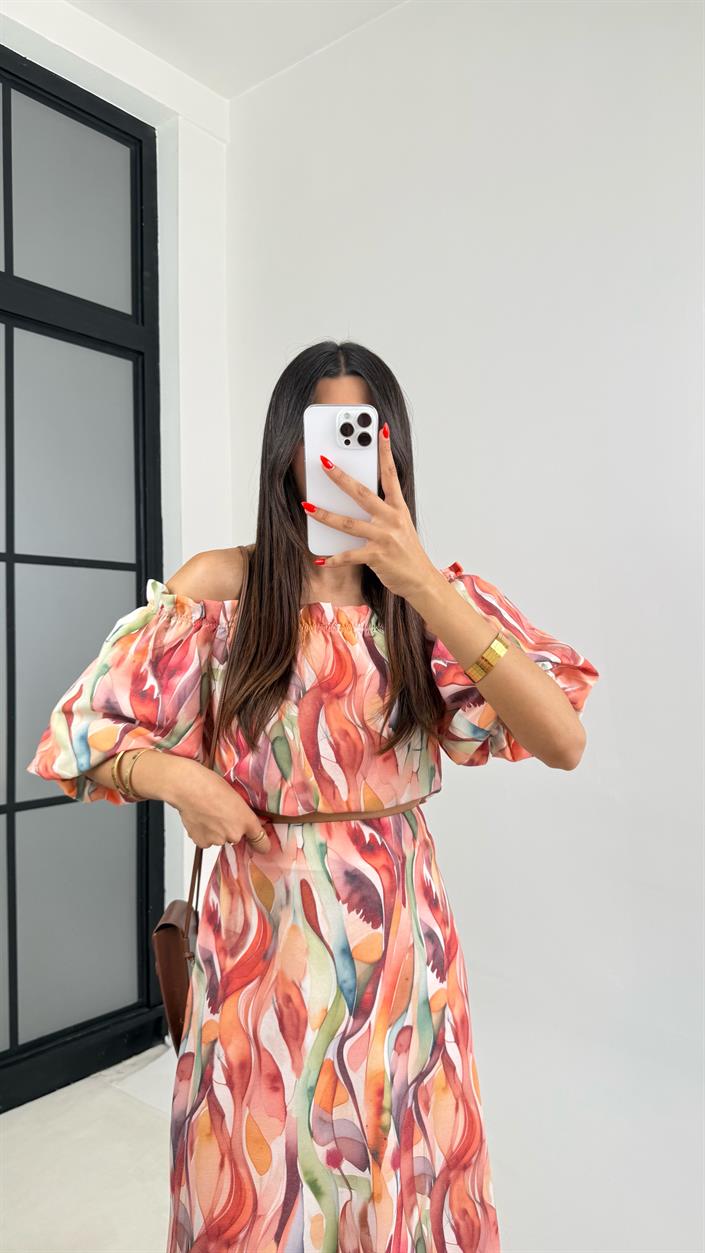 Pembe Desenli Balon Kol Crop Etek İkili Keten Takım GAUS-0055