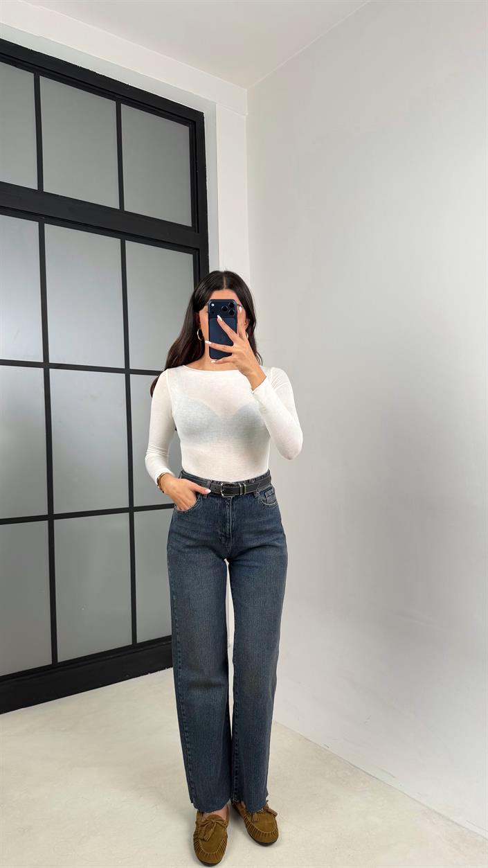 Lacivert Kesik Paça Yıkama Desenli Kemerli Jean GAUS-00541