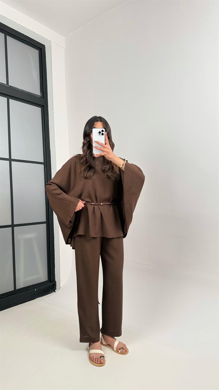 Kahve Boncuk Kuşaklı Bağlamalı Panço Üst Pantolon İkili Keten Takım Gaus00338