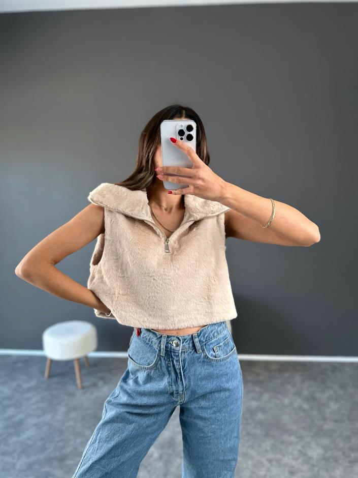 Taş Fermuarlı Crop Peluş Kürk Süveter 