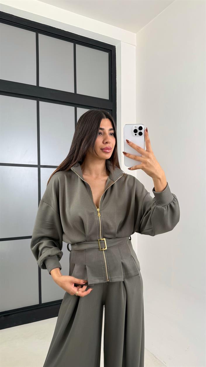 Haki Kemer Detaylı Hırka Beli Lastikli Geniş Paça Pantolon Modal Takım GAUS-00188