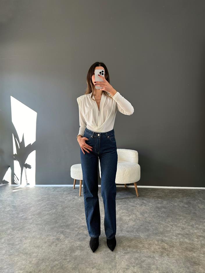 Premium Dark Blue Simli Çizgili Jean 