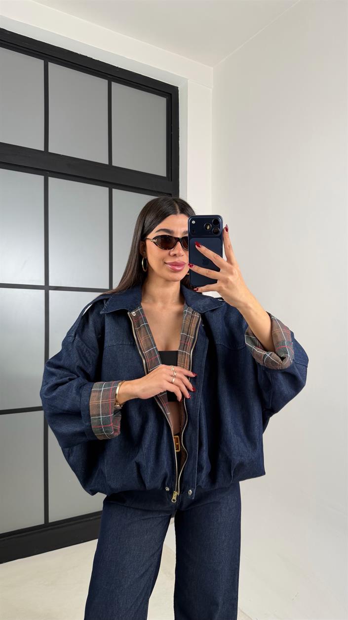 Lacivert Ekoseli Astarlı Bomber Ceket Beli Lastikli Pantolon Denim Takım GAUS-00687