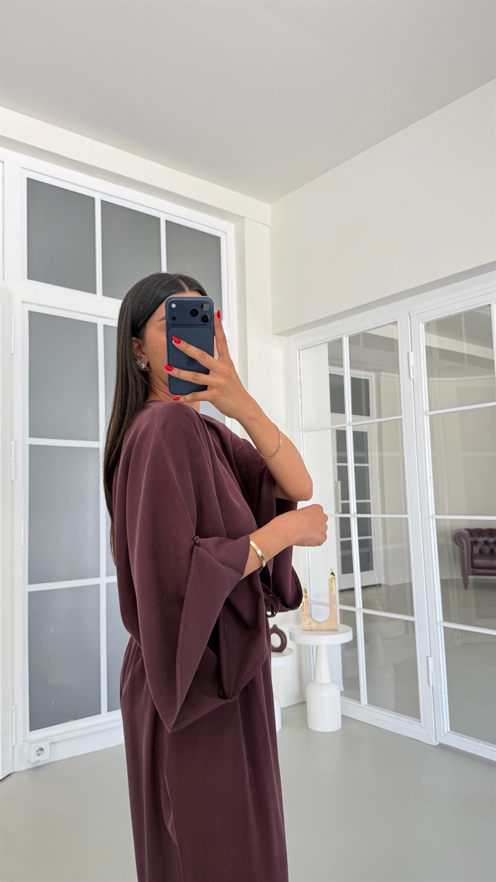 Mürdüm Yarasa Kol Bluz Beli Lastikli Şalvar Pantolon İkili Tencel Takım GAUS-01840