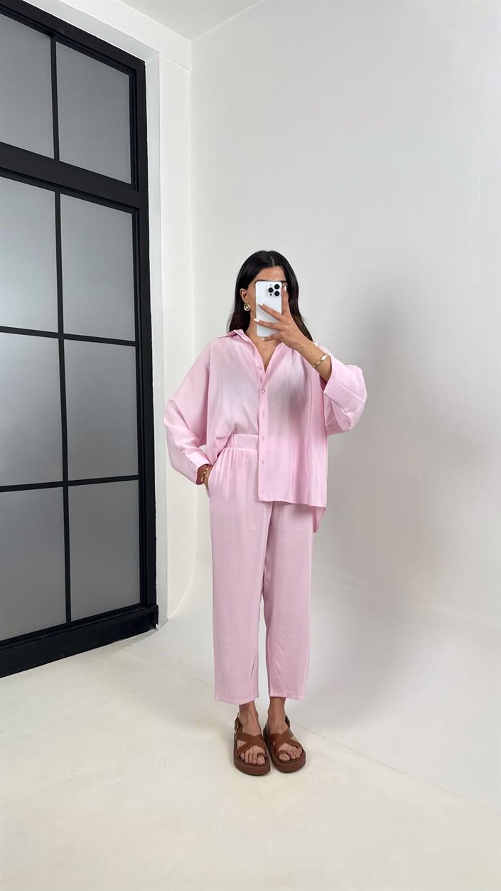 Pembe Önü Düğmeli Gömlek Beli Lastikli Cepli Pantolon MD Muadil Tencel Takım TNCL01 Gaus00390