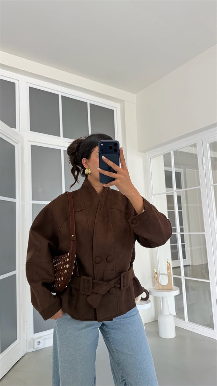 Kahve Kemerli Astarlı Süet Ceket GAUS-02153