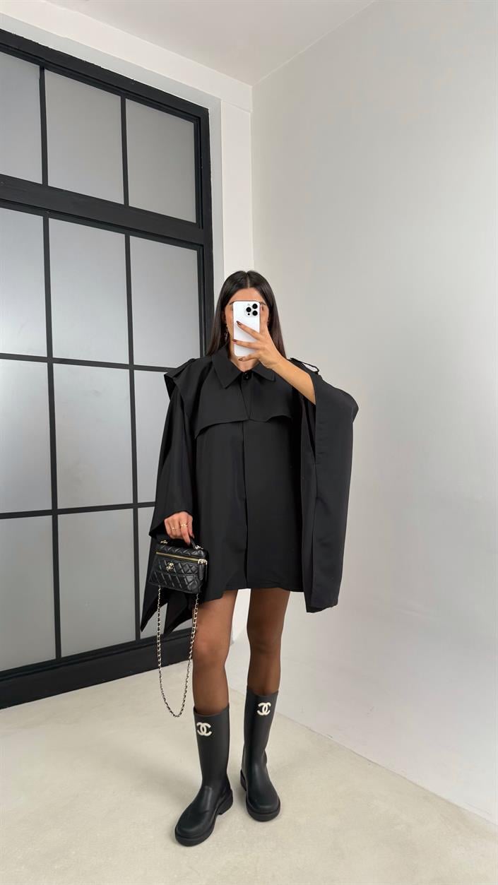 Siyah Premium Tasarım Panço Trençkot GAUS-00156