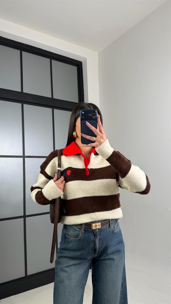 Kahve Polo Yaka Çizgili Yumuşak Dokulu Kazak GAUS-01099