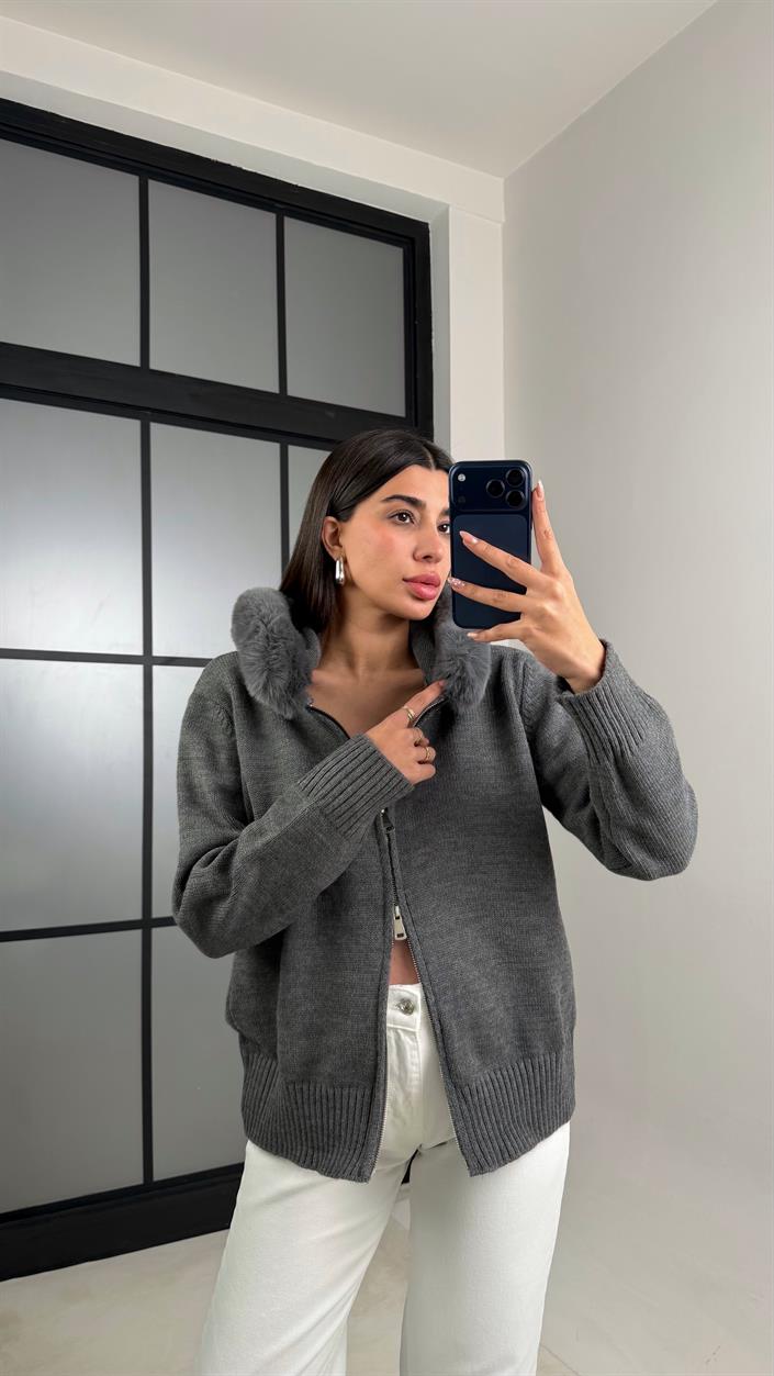 Antrasit Kürk Detaylı Kapüşonlu Triko Hırka GAUS-00883