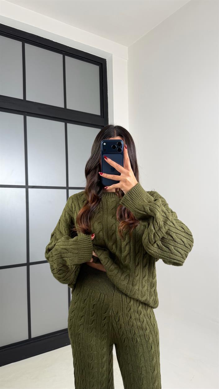 Haki Saç Örgülü Kazak Beli Lastikli Pantolon Triko Takım GAUS-00592