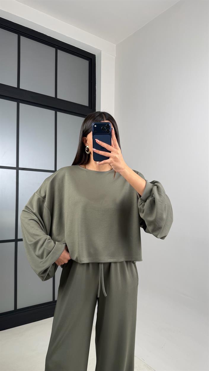 Haki Gold Tokalı Pelerin Bluz Beli Lastikli Pantolon Modal Kumaş Takım GAUS-00871