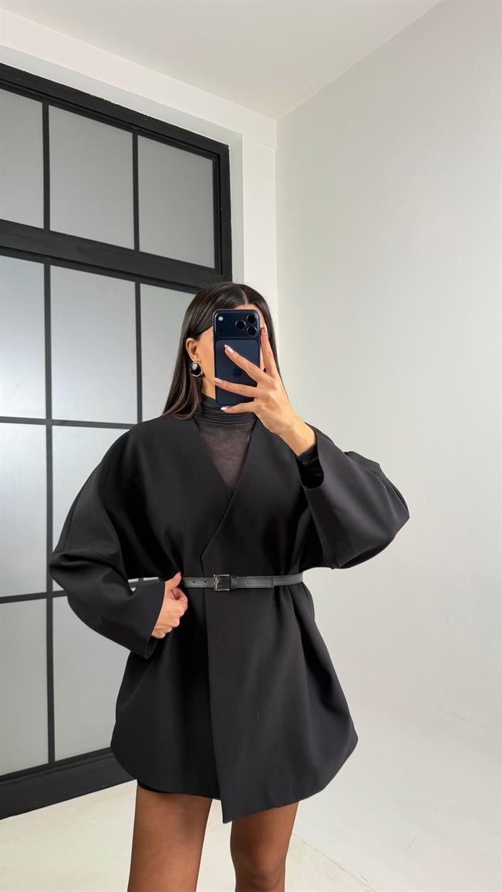 Siyah Kemerli Astarlı Cepli Premium Ceket GAUS-00818