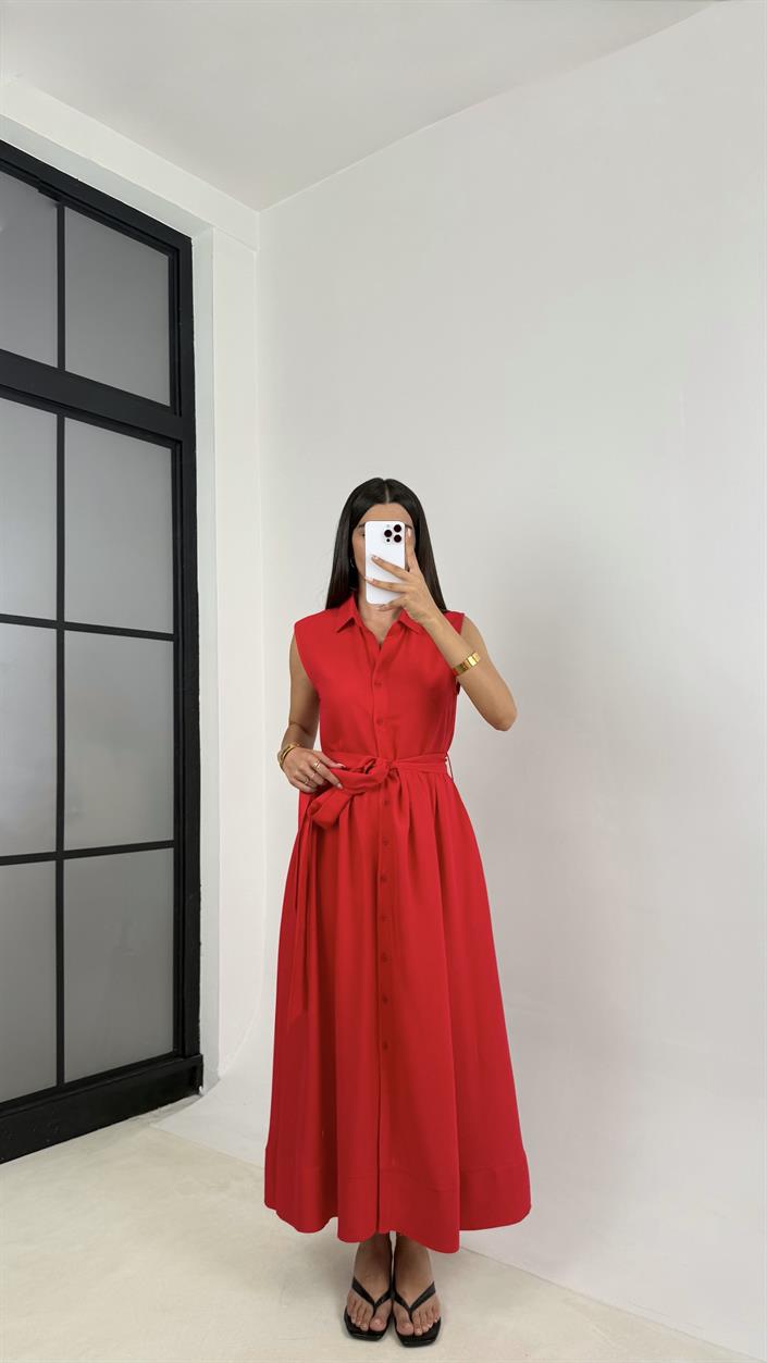 Kırmızı Sıfır Kol Önü Düğmeli Kuşaklı Elbise GAUS-0051