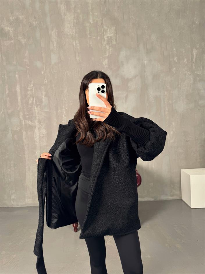 Nairo Siyah Buklet Astarlı Kuşaklı Kaban