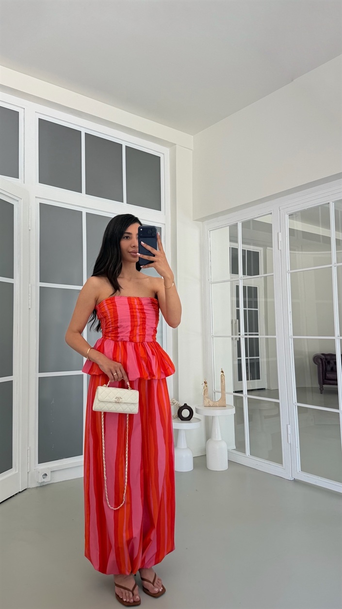 Pembe Çizgili Balon Bluz Beli Lastikli Şalvar Pantolon İkili Premium Takım GAUS-01817