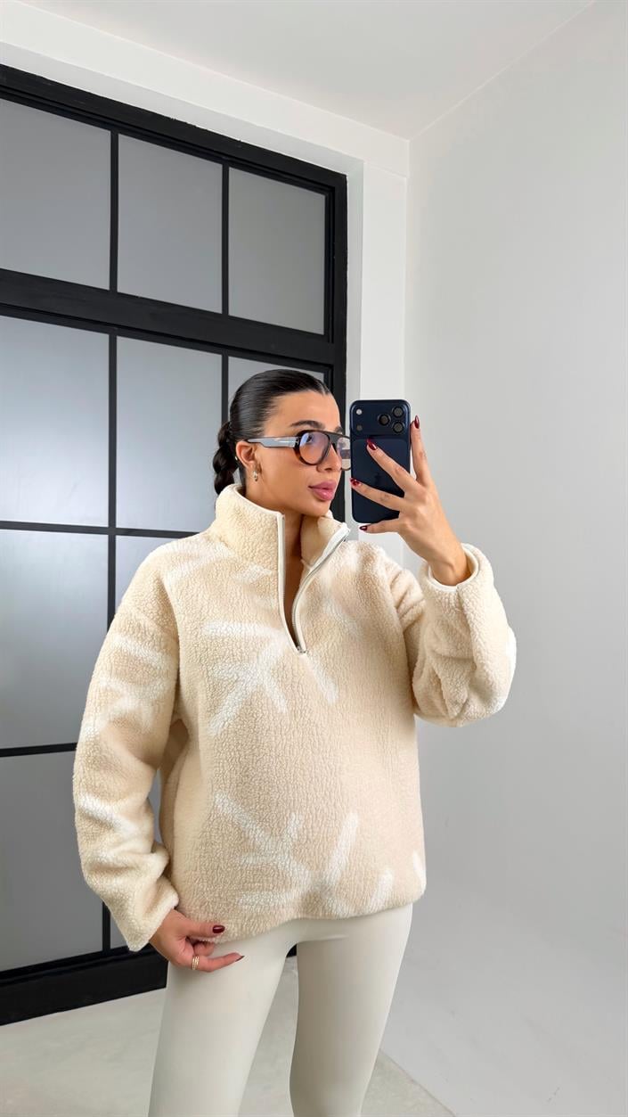 Bej Kar Tanesi Desenli Polar Sweatshirt GAUS-00724