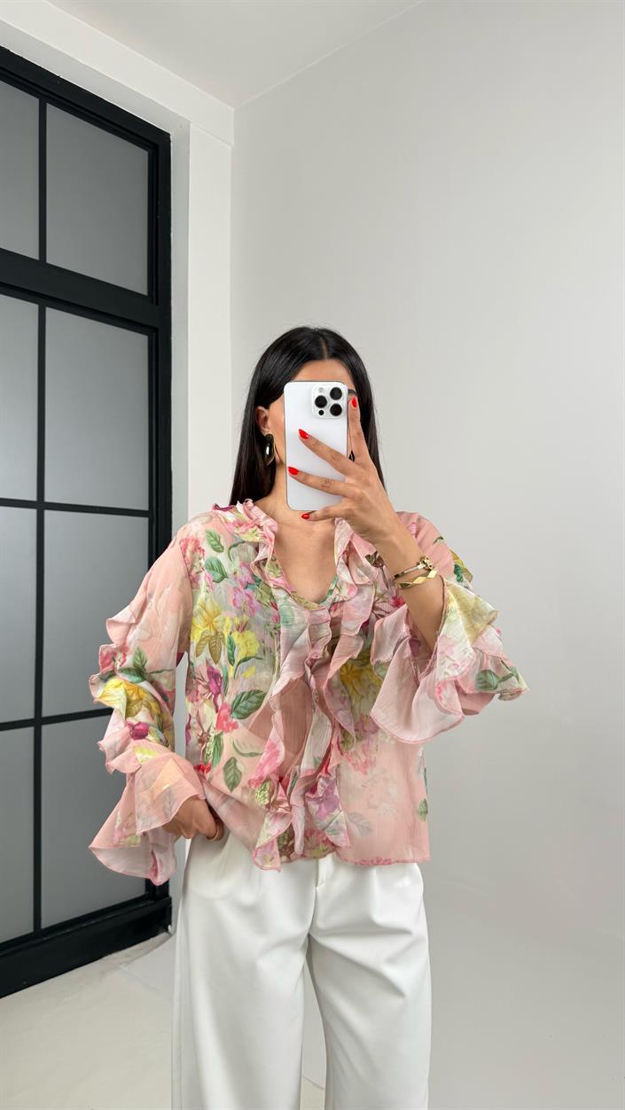 Pembe Çiçek Desenli Yaka Fırfırlı Şifon Gömlek Gaus00471