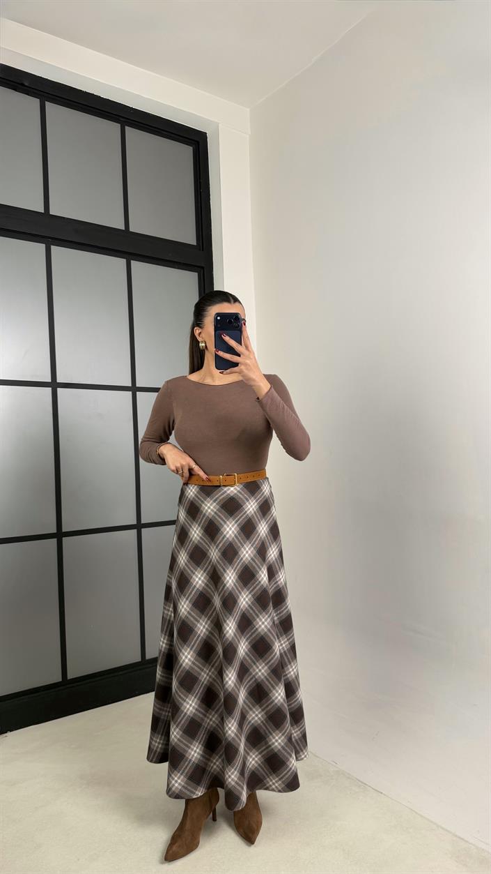 Kahve Ekose Desenli Etek GAUS-00768