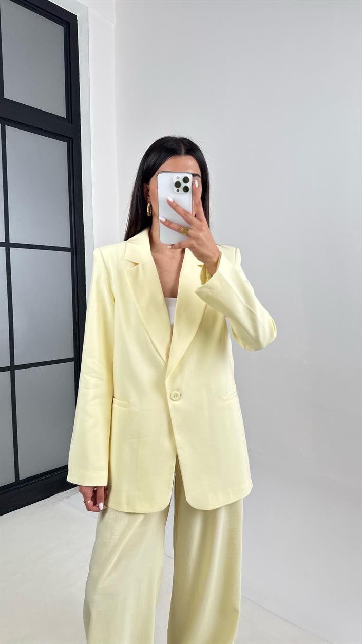 Sarı Astarlı Blazer Ceket Beli Lastikli Pantolon Tensel Takım Gaus00444