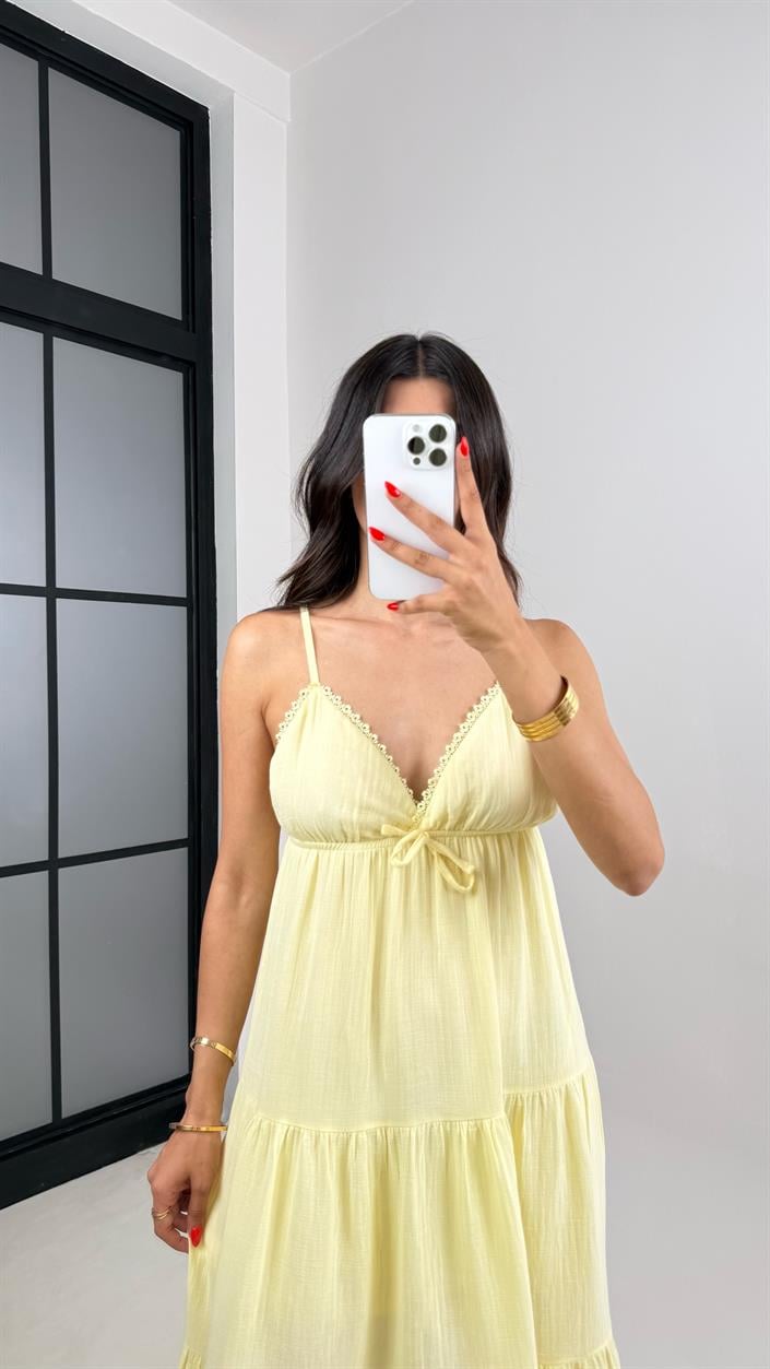 Sarı Ayarlanabilir Askılı Dantel Detaylı Müslin Elbise GAUS-001