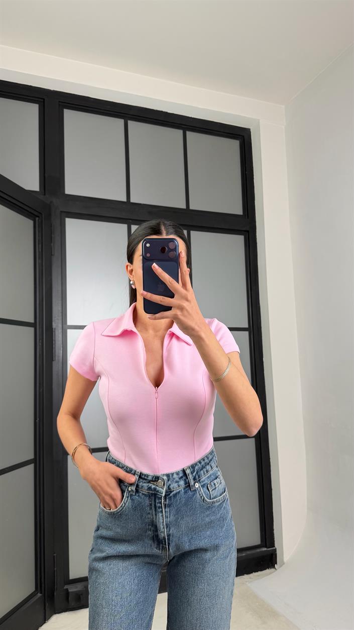 Pembe Polo Yaka Fermuarlı Basic Bluz GAUS-01467