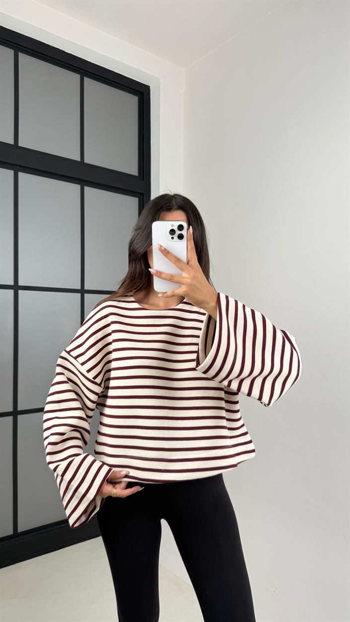 Bordo Çizgili Şardonlu Crop Kazak GAUS-00132